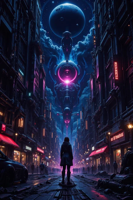 city, street, beautiful misterious futuristic sci-fi cyberpunk landscape, bright luminous starry night, woman, very intricate, very detailed, sharp, colorful, <lora:Hand v2:0.5> <lora:Anti-Blur:1><lora:Insane Detail Slider:0.25>  <lora:flux.1_lora_flyway_Epic-detail_v2:0.3> <lora:fluxenhancer:0.25><lora:The_Dark_Side_Of_The_Future:0.4><lora:Neurocore Anime Cyberpunk v2.0:0.5> A digital artwork in the style of cknc