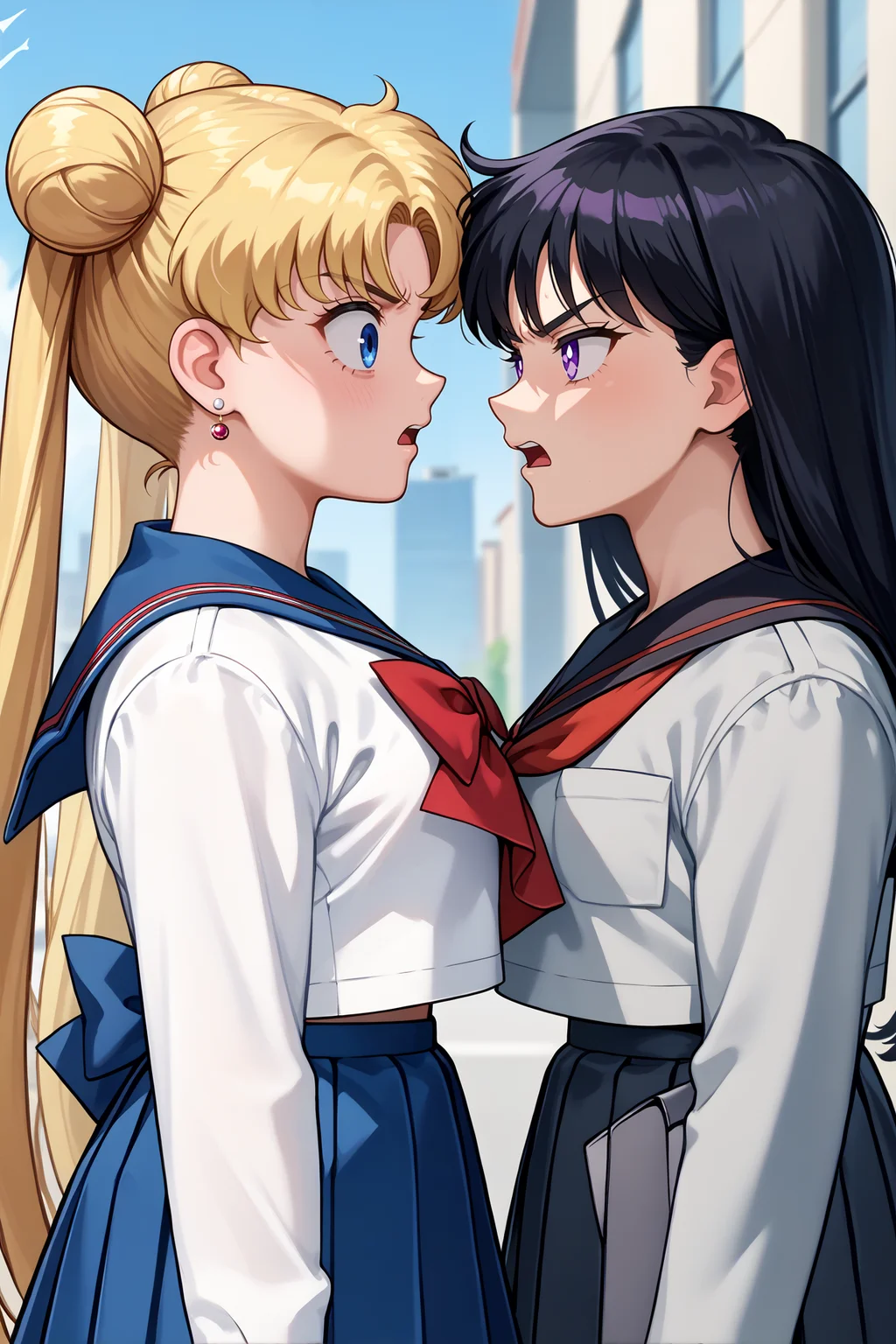 score_9, score_8_up, score_7_up, score_6_up, source_anime, 2girls, arguing, looking at each other, from side, blue sky, city BREAK <lora:sailormoon-pdxl-nvwls-v1_1-000005:1> slrmn, twintails, double bun, blonde hair, very long hair, blue eyes, parted bangs, stud earrings, blue sailor collar, white shirt, long sleeves, red bowtie, brooch, blue skirt, pleated skirt, school uniform, surprised BREAK  <lora:sailormars-pdxl-nvwls-v1:1> slrmars, black hair, long hair, purple eyes, black sailor collar, red neckerchief, grey uniform, school uniform, black skirt, pleated skirt, annoyed, open mouth