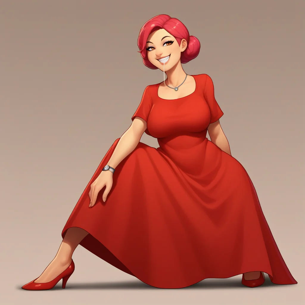 score_9, score_8_up, score_7_up, score_6_up, score_5_up, score_4_up, zPDXL2,source_anime,rating_questionable,solo,full body shot, red dress, clenched teeth, smile, drool, <lora:Excessive_Drool:0.8> dr00l, saliva, excessive saliva, drooling,smile,