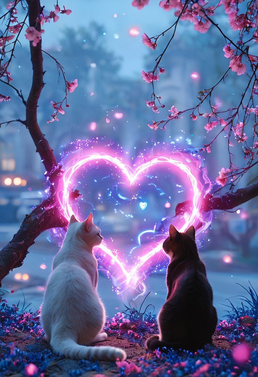 photograph of two cats sitting on a tree branch, facing each other in an intimate and harmonious pose. The left cat is black, while the right cat is white, creating a striking contrast. They are surrounded by delicate, blooming branches with small flowers, adding a serene and romantic atmosphere. The background is softly blurred, focusing the viewer's attention on the cats and their interaction. The lighting is soft, emphasizing the texture of their fur and the gentle ambiance of the scene. <lora:Anime v1.3:1.2> <lora:Blue_Future:0.9> <lora:Ethereal Brush Anime v2.0:0.6> <lora:It's a LoRA for portraits, BUT! actually specialized in backgrounds. v1.0:0.2>,pink heart in front of them,   ethereal glowing swirls, mystical light particles, dreamy atmosphere, vibrant neon mist, twilight city street, hyper-detailed fabric texture, soft illuminated fog, cinematic soft lighting, glowing blue and magenta hues, fantasy realism, enchanted night