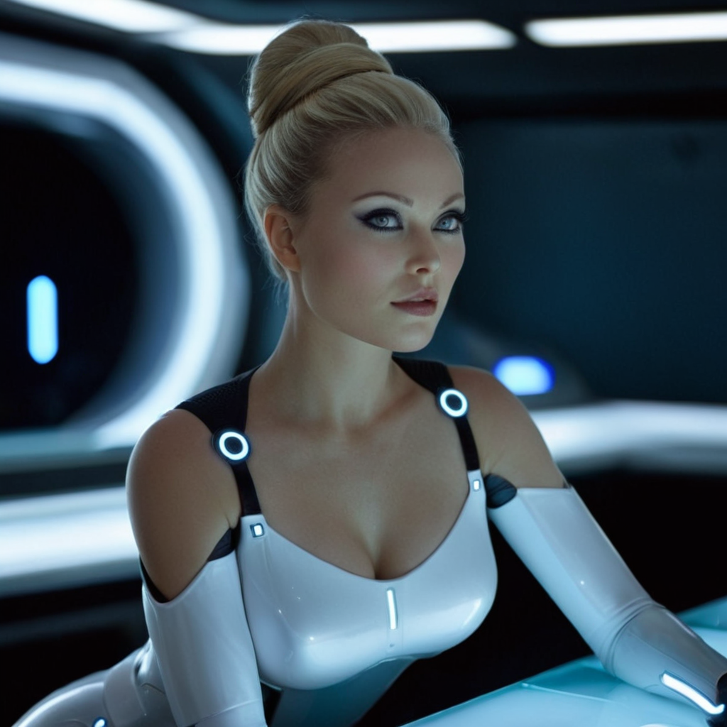 cinematic film still of <lora:add-detail-xl:0.1>1
<lora:detailed:0.3> realism
<lora:perfection style:0.2> perfect
<lora:eyetune:0.6>
<lora:xl_more_art-full_v1:0.1>
<lora:Ron Fricke style:0.3>
<lora:Unreal Engine style:0.3>
<lora:TeethXL:0.3>
<lora:Chiaroscuro Lighting Style:0.3> Chiaroscuro Lighting Style
 <lora:Tron style:1>
 Beau Garrett Gem In a futuristic sci-fi glowing world a blonde pale skin woman in a futuristic suit laying on a table,1girl,solo,breasts,looking at viewer,medium breasts,white hair,lying,hair bun,bodysuit,colored skin,on side,single hair bun,science fiction , action movie themed, science fiction movie themed, sharp, detailed, epic cinematic photography, artistic, dramatic light, cinematic color style, Kodak film style, Tron style, shallow depth of field, vignette, highly detailed, high budget, bokeh, cinemascope, moody, epic, gorgeous, film grain, grainy