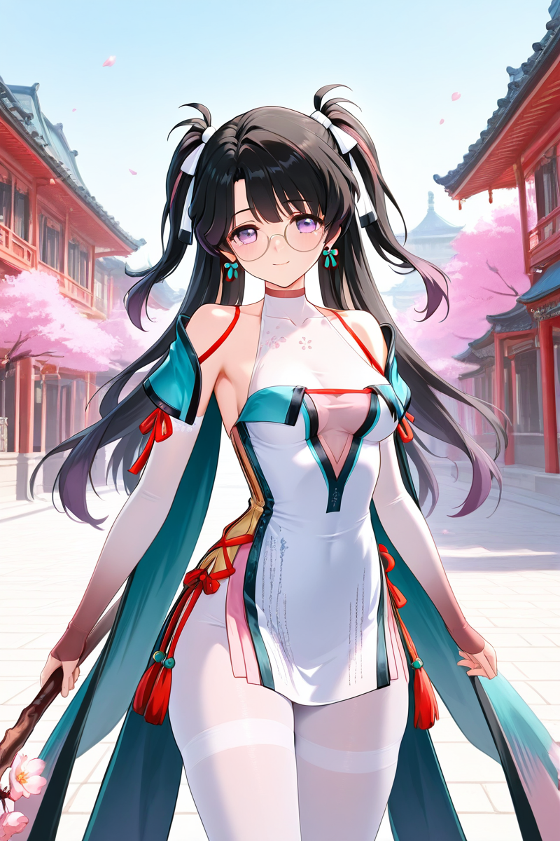 zhezhi,  purple eyes, chinese clothes, outfit 1, white pantyhose, round eyewear, 1girl, long hair, black hair, glasses, twintails, dress, black footwear, breasts, looking at viewer, bangs, purple eyes, thighhighs, bare shoulders, medium breasts, closed mouth, standing,  white dress, <lora:zhezhi_ww_illus:1> alone, sexy pose, cowboy shot, seductive smile, cape, earrings, ancient chinese town, holding cherry blossom branch staff,