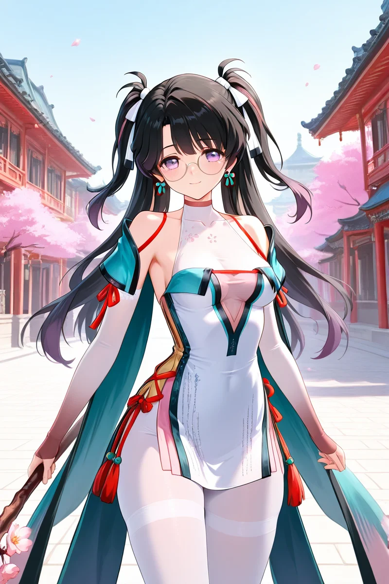 zhezhi, purple eyes, chinese clothes, outfit 1, white pantyhose, round eyewear, 1girl, long hair, black hair, glasses, twintails, dress, black footwear, breasts, looking at viewer, bangs, purple eyes, thighhighs, bare shoulders, medium breasts, closed mouth, standing, white dress, <lora:zhezhi_ww_illus:1> alone, sexy pose, cowboy shot, seductive smile, cape, earrings, ancient chinese town, holding cherry blossom branch staff,