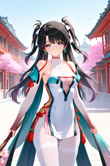 zhezhi,  purple eyes, chinese clothes, outfit 1, white pantyhose, round eyewear, 1girl, long hair, black hair, glasses, twintails, dress, black footwear, breasts, looking at viewer, bangs, purple eyes, thighhighs, bare shoulders, medium breasts, closed mouth, standing,  white dress, <lora:zhezhi_ww_illus:1> alone, sexy pose, cowboy shot, seductive smile, cape, earrings, ancient chinese town, holding cherry blossom branch staff,