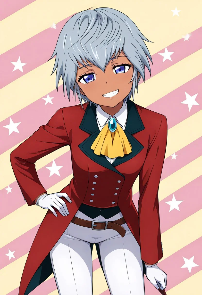 Asana Mutsuba, 1girl, solo, dark skin, short hair, grey hair, white hair, blue eyes, purple eyes, white shirt, blue brooch, red coat, yellow ascot, white gloves, brown belt, white pants,
upper body, face focused,
Hand on hips, both hand on hips, bent over, from front, head tilt,
looking at viewer, smug, half closed eyes, teeth, smile,
simple background, stripped background, yellow striped background, pink striped background, stars on background,