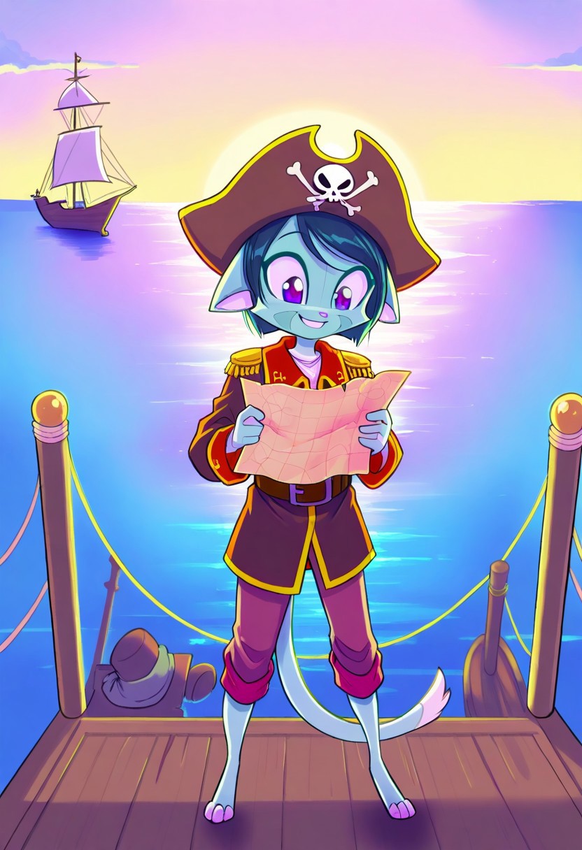 score_9, score_8_up, score_7_up,lilith_calah,
1girl,solo,furry,tail,dark green hair, source_furry,
 ,<lora:lilith_calah_illustrious:0.8>,
child, kid,
in a pirate hat standing on the deck of a ship, holding a treasure map with a tropical island and crystal-clear waters in the background, pirate_hat, ship, treasure_map, tropical_island, ocean, smile, happy, cute, short_hair, outdoor, adventure, pastel_colors, serene