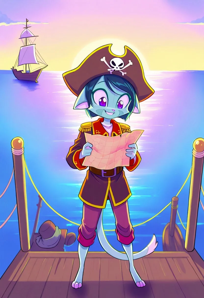 score_9, score_8_up, score_7_up,lilith_calah,
1girl,solo,furry,tail,dark green hair, source_furry,
,<lora:lilith_calah_illustrious:0.8>,
child, kid,
in a pirate hat standing on the deck of a ship, holding a treasure map with a tropical island and crystal-clear waters in the background, pirate_hat, ship, treasure_map, tropical_island, ocean, smile, happy, cute, short_hair, outdoor, adventure, pastel_colors, serene