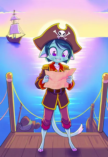 score_9, score_8_up, score_7_up,lilith_calah,
1girl,solo,furry,tail,dark green hair, source_furry,
,<lora:lilith_calah_illustrious:0.8>,
child, kid,
in a pirate hat standing on the deck of a ship, holding a treasure map with a tropical island and crystal-clear waters in the background, pirate_hat, ship, treasure_map, tropical_island, ocean, smile, happy, cute, short_hair, outdoor, adventure, pastel_colors, serene