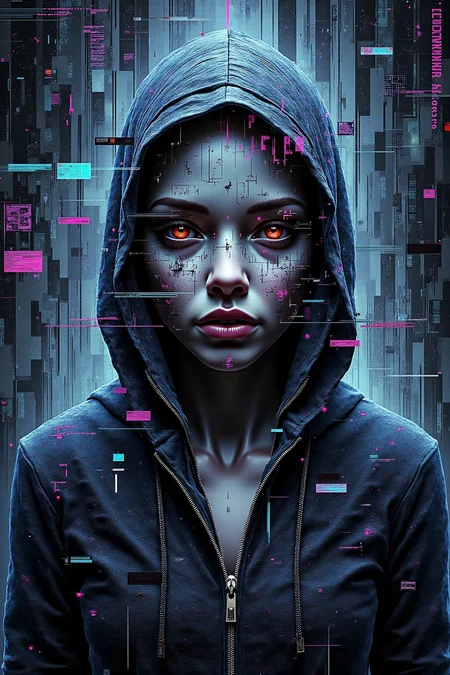 Hyper realistic, Full body shot of an 1 hologram spirit, ambiguous gender, jacket, hood, hidden face, glitch, floating, solo, screens, (cyberpunk0.8), futuristic, sci-fi, masterpiece, best quality, amazing quality, very aesthetic, absurdres, newest chromatic colors, fairytale landscape, cute creature, multicolored fur, unicorn, sitting, rainbow, her form glitching and fracturing as if caught between realities. Her skin appears to shatter like glass, revealing a digital void beneath, with pixels and binary code spilling out. The glitch effect is intense, with vibrant neon colors (electric blue, magenta, and cyan) distorting her figure, creating a surreal, otherworldly atmosphere. The background is cityscape, reflecting the glitching effect. (Schizophrenia, split personality, surrealism, digital art, cyberpunk aesthetic, psychological horror, ultra-realistic details, dramatic lighting, high contrast, vivid colors, intricate textures), showcasing intricate details throughout, Cinematic, beautiful, vibrant, masterpiece, 32k, ultra HD, ultra-detailed, amazing quality, amazing artist, sharp edges, detailed textures, full view, atmospheric lighting, amazing visuals.