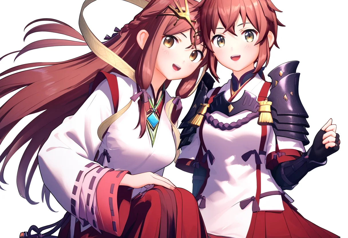 (score_9:0.9),score_8_up,score_7_up,anime style,rating_safe,(zPDXL),2girls,white background,medium breasts,looking at viewer,smile,blush,open mouth,parted lips,3d, game style
BREAK long sleeves,haze_xb2,miko costume,red hakama skirt,
BREAK shoulder armor,fingerless gloves,lora_xb2,white japanese costume,red skirt,<lora:XB2 Lora and Haze ponyXL v1:0.83>,