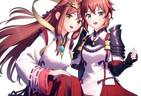 (score_9:0.9),score_8_up,score_7_up,anime style,rating_safe,(zPDXL),2girls,white background,medium breasts,looking at viewer,smile,blush,open mouth,parted lips,3d, game style
BREAK long sleeves,haze_xb2,miko costume,red hakama skirt,
BREAK shoulder armor,fingerless gloves,lora_xb2,white japanese costume,red skirt,<lora:XB2 Lora and Haze ponyXL v1:0.83>,