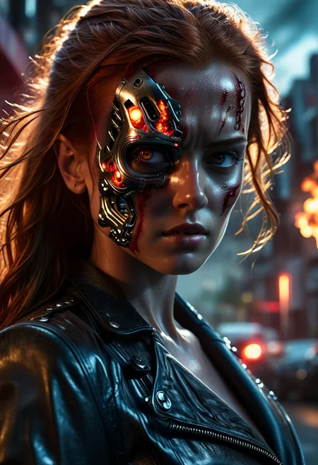 Ultra-realistic high resolution image of a beautiful Terminator, 8k, capturing the intensity of the moment, cinematic lighting, standing on a mysterious street in a fighting pose, wavy red hair, realistic face, half of her bloody face smashed in to reveal a metallic robotic skull, realistic red robotic eye, one human eye, fire, intricately designed leather jacket, tight top and jeans, aesthetic of Terminator movies, perfect athletic figure, beautiful Sadie Sink as Terminator, fire, ultra-realistic, cinematic style, athletic figure, sci-fi, dramatic lighting, wet and sweaty skin, dirty bloody skin, athletic figure, dramatic lighting, Greg Rutkowski style, hyper-detailed, hyper-realistic, bright colors, Attractive 25 year old girl, Attractive, beautiful solid body, sharp focus, digital painting, Photo taken on Nikon D750, Alphonse Mucha, 8K, athletic figure, Hyperdetailed, hyperrealism, Attractive, Attractive busty girl, asymmetrical balance