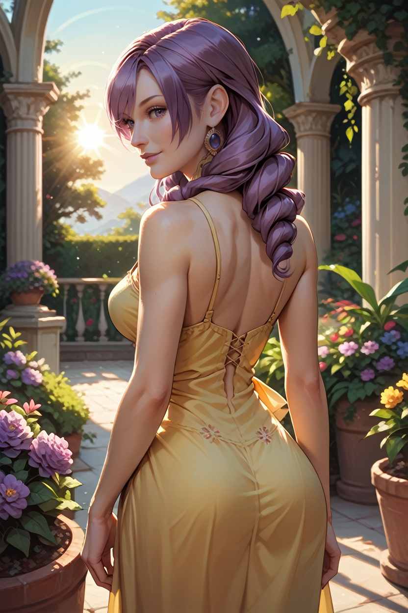 score_9, score_8_up, score_7_up, score_6_up
<lora:HGDaniella:0.8>
HGDaniella, 1girl, drill hair, long hair, purple hair, purple eyes, yellow sundress, garden, from behind, looking back, happy, sun, sun rays