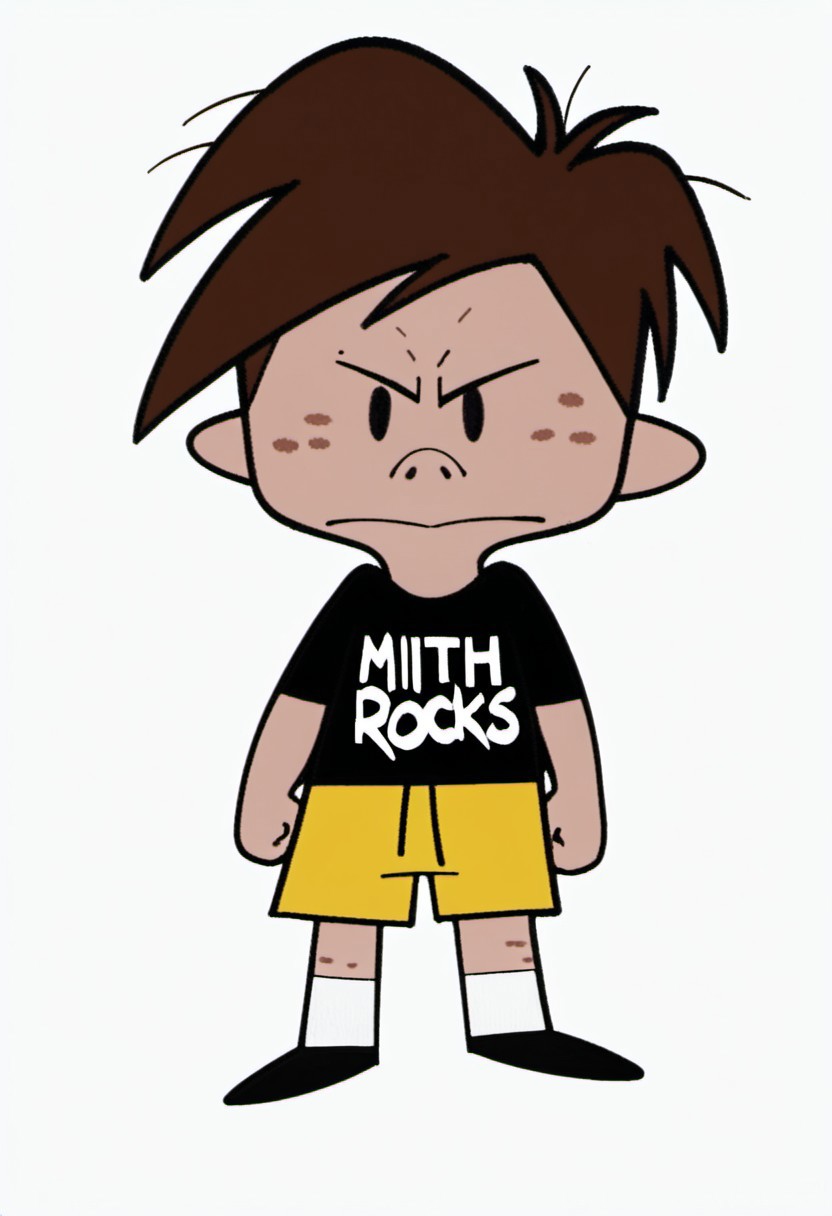 score_9, score_8_up, score_7_up, Solo, one character, front view, full body,
first  character, 1boy, MitchMitchelson, light skin, small body, large head, brown hair, freckles, point button nose,  black eyes, no sclera, black shirt labeled 'Mitch Rocks', yellow shorts, white sockes, black shoes,