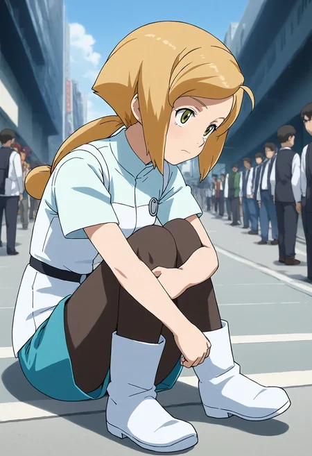 <lora:Hyper-SDXL-8steps-lora:1> <lora:Fixhands_anime_bdsqlsz_V1:1> zPDXL2, score_9, score_8_up, score_7_up, source_anime, intricate details, perfect anatomy BREAK
outdoors, city, tokyo, japan, audience, crowd, sitting , pondering pose , head_rest , knees together , Sad, downturned mouth, drooping eyelids, and furrowed brow., 1girl, solo, solo focus, 
<lora:GAGE-wendy_hearts_XL(pony)v10:1> gage-wendy, blonde hair, low ponytail, GAGE-wendy outfit, white dress, green shorts, black pantyhose, white boots,