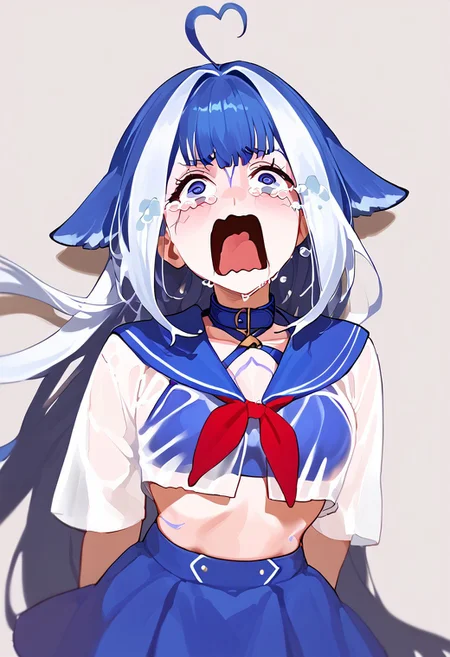 abbystea style, score_9, score_8_up, score_7_up, BREAK, 1girl portrait, beautiful, ((shylily1st, heart ahoge, facial mark, fins, body markings, cetanean tail, blue collar, belt collar, blue bikini, swimsuit, bikini under clothes, school uniform, white shirt, see-through shirt, blue sailor collar, criss-cross halter, blue skirt, thigh strap, aquascreaming, screaming, open mouth, crying with eyes open)) , dark blue hair