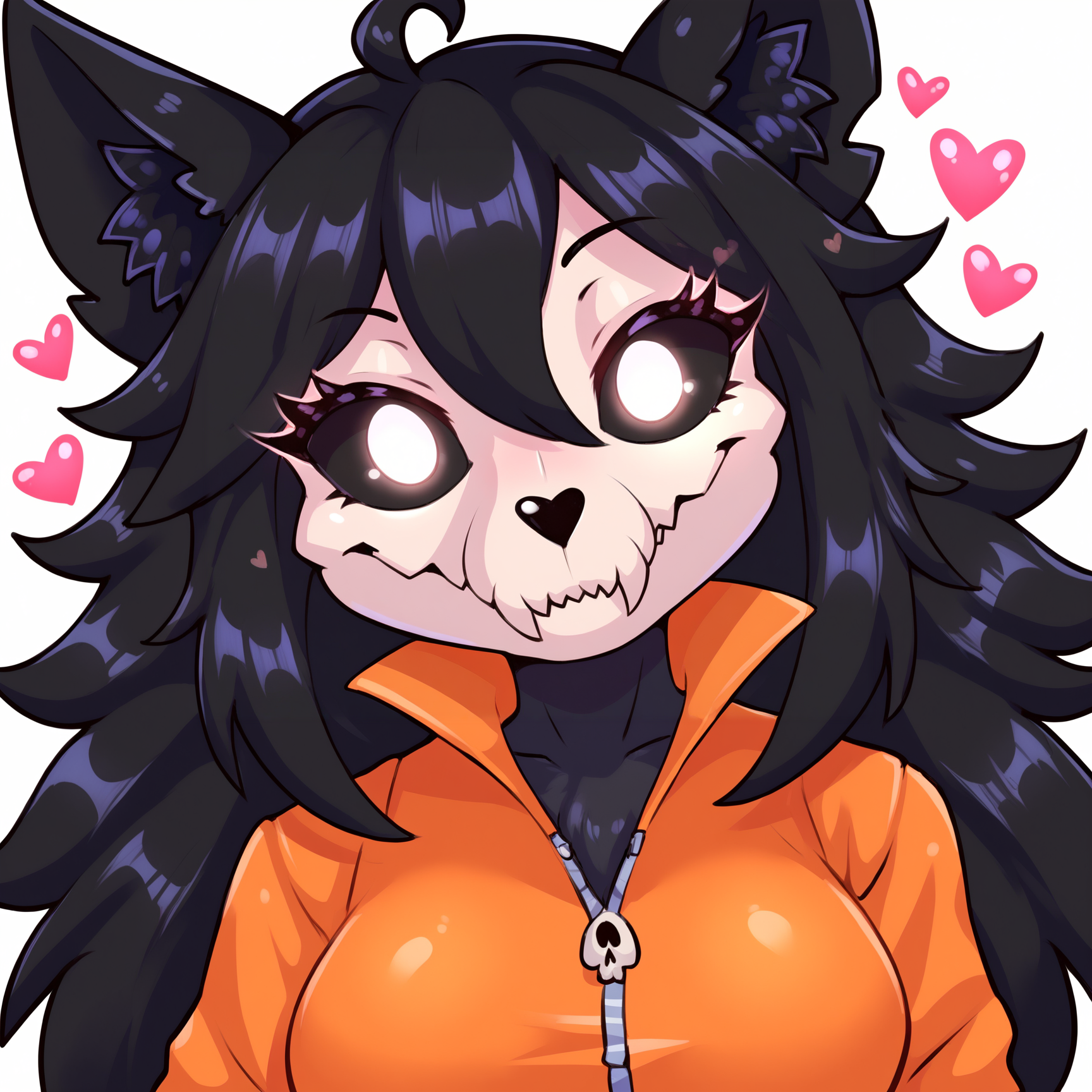 score_9, score_8_up, score_7_up, score_6_up, BREAK, SCPMalOPXLv2, anthro furry, furry female, body fur, black fur, canine skull, sharp teeth, black eyelashes, white eyes, glowing eyes, black sclera, black hair, long hair, hair between eyes, animal ears, orange jumpsuit, zipped, head tilt, floating hearts, seductive smile, looking at viewer, white background, emote, chibi, upper body, face focus, EmoteStylePXL <lora:EmoteStylePXL:1> <lora:SCPMalOPXLv2:1>