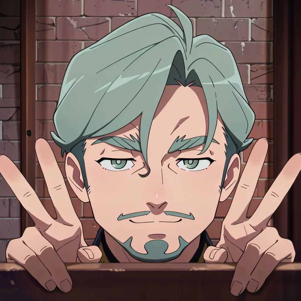 <lora:IL_kilroy_was_here:1>,kl_h,kilroy was here,brick wall,meme,naughty face,1boy,<lora:IL_GQ_Shallia_Bull:1>,GQ_bull,green hair,green eyes,goatee,gq_mustache,sideburns,thick eyebrows,double v sign,peeking out,hiding,adult,aged up,, masterpiece,best quality,amazing quality,very aesthetic,absurdres,