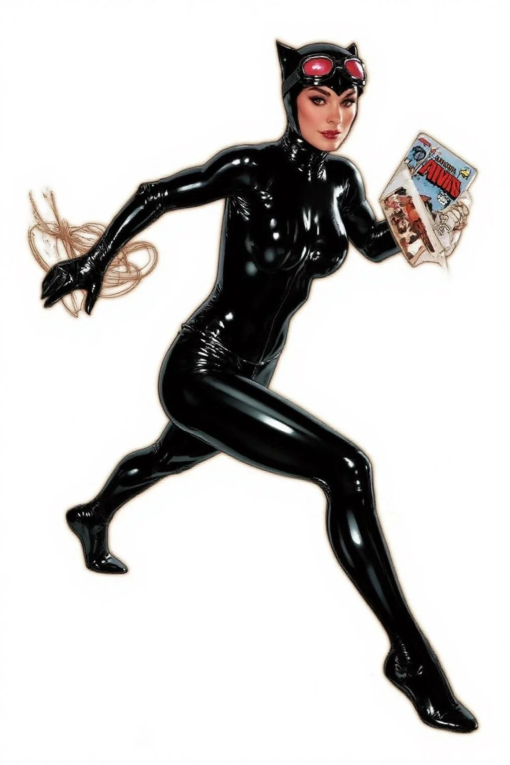 adhughes1 illustration in a comic book style
A highly detailed, illustration in a comic book style, depicting Catwoman. She is shown in mid-action, leaping forward with a confident, athletic pose. The character is clad in a sleek, black, shiny latex suit that clings to her body, accentuating her slender physique and medium-sized breasts. She has a pair of infrared googles perched on her forehead. She is carrying some comic book in her hands. <lora:adhughes1_cap_d8a4e12:1.0><lora:832436955137686266:0>