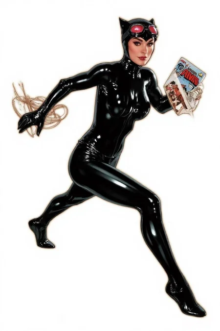 adhughes1 illustration in a comic book style
A highly detailed, illustration in a comic book style, depicting Catwoman. She is shown in mid-action, leaping forward with a confident, athletic pose. The character is clad in a sleek, black, shiny latex suit that clings to her body, accentuating her slender physique and medium-sized breasts. She has a pair of infrared googles perched on her forehead. She is carrying some comic book in her hands. <lora:adhughes1_cap_d8a4e12:1.0><lora:832436955137686266:0>