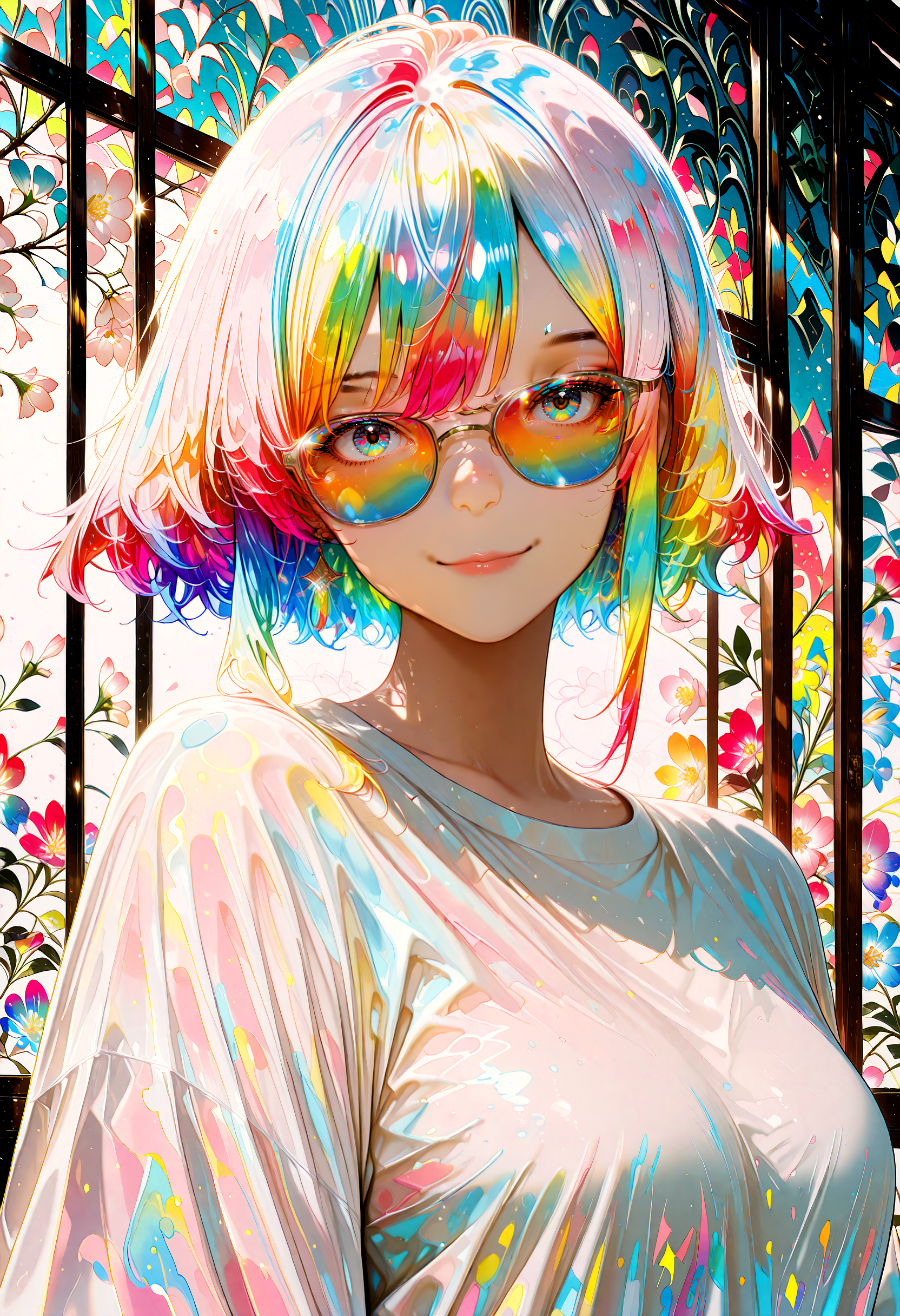 1girl, colorful hair, multicolored highlights, white shirt, minimal shading, flat color, cel shading, clean line art, elegant pose, vibrant colors, modern anime style, gradient sunglasses, soft smile, looking at viewer, detailed face, shoulder-length hair, trending on pixiv
,conept art, trending on ArtStation, crisp lines, fine lineart, realistic shading, 
 nyonku,  detailed background, detailed foreground,detailed clothing,  detailed hair,masterpiece, best quality,detailed eyes, detailed skin,skin folds,light particles, bokeh,volumetric lighting, dramatic lighting,cinematic,dark,shadow, shallow depth of field, natural light,cinematic shading