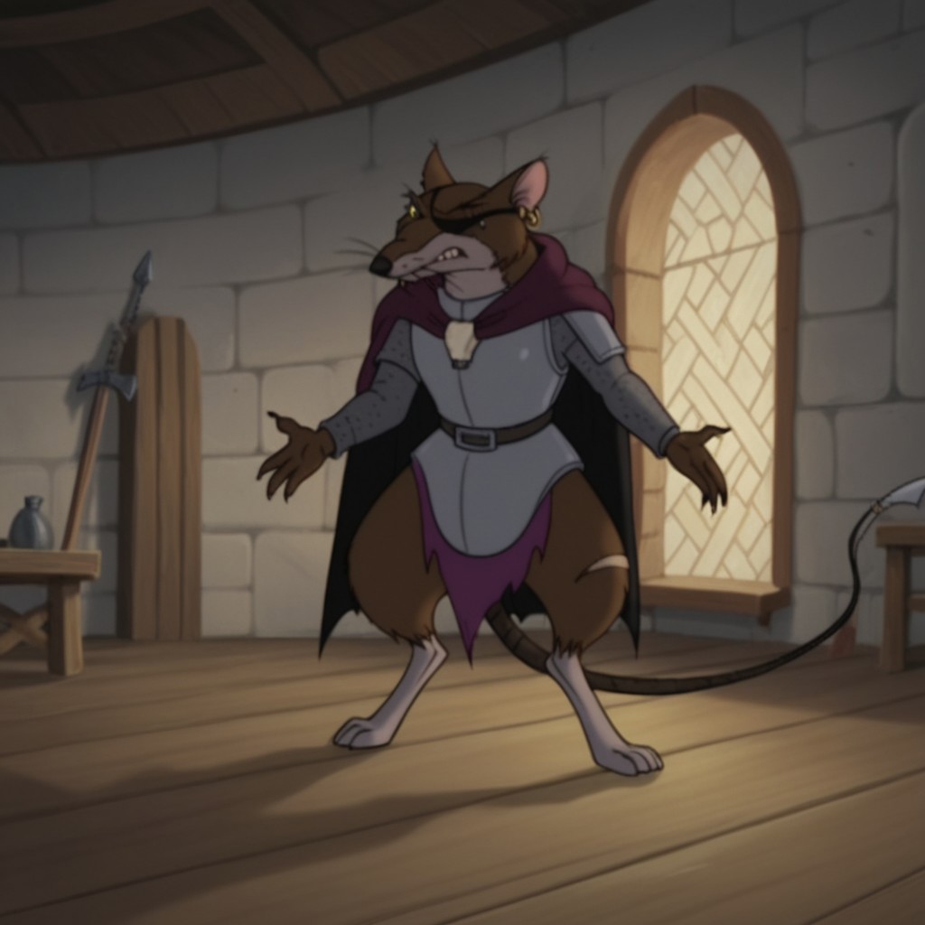 score_9, score_8_up, score_7_up, score_6_up, score_5_up, score_4_up, source_furry, ClunyRW, semi-anthro, male, rat, brown fur, jewelry, earring, purple cloak,  belt, purple tunic, short sleeves, torn clothes, eye patch, standing, inside, armor, breastplate, long sleeves, chainmail, yellow eye