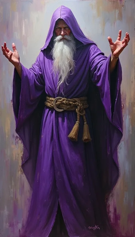 A captivating expressionist painting of a wizard in a vibrant purple robe, his hands raised in a dramatic gesture. The painting's loose brushstrokes capture the wizard's sense of power and mystery, while the colors add an air of magic. The deep, rich purple of the wizard's robe stands out against the more muted background hues, creating a striking contrast that draws the eye.