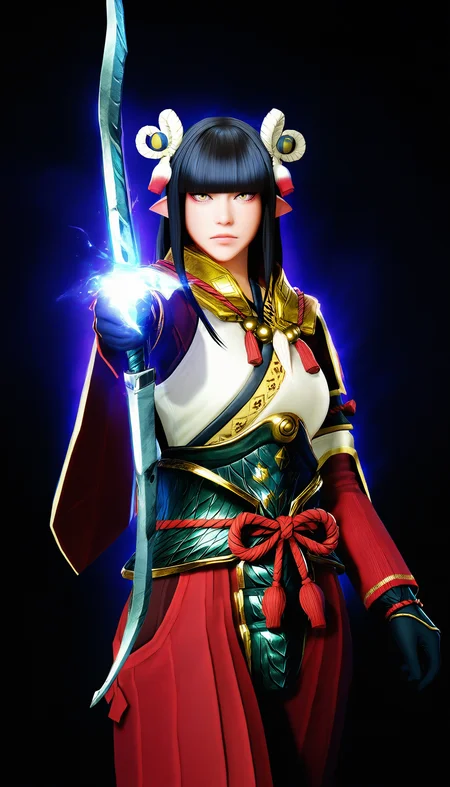 masterpiece,best quality,amazing quality,
<lora:mhminotoNAI:1>,mhminoto,realistic,
1girl,solo,black hair,long hair,blunt bangs,hair ornament,yellow eyes,red and white short cape,white robe top,green waist armor,red hakama pants,black gloves,
cowboy shot,looking at viewer,serious,parted lips,holding bow,aiming,glowing aura,glowing purple light,black background,