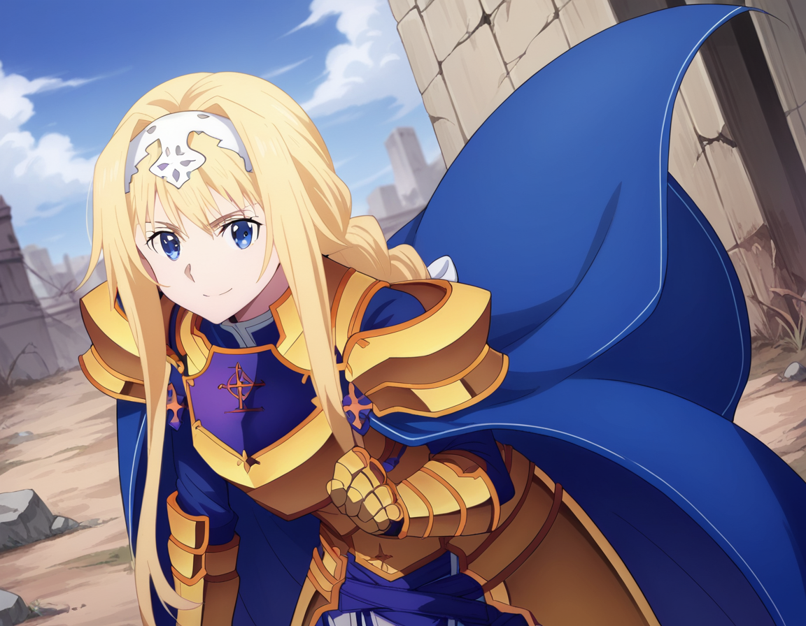 score_9, score_8_up, score_7_up, source_anime,
alicezuberg, <lora:alice-zuberg-s3-ponyxl-lora-nochekaiser:1>,
alice zuberg, bangs, blue eyes, blonde hair, hair between eyes, very long hair, braid, hairband, white hairband,
dress, cape, armor, blue dress, shoulder armor, gauntlets, pauldrons, breastplate, armored dress, faulds, blue cape, knight, gold armor, body armor,
outdoors, wasteland, bent over, smile,
solo, looking at viewer, cowboy shot, dutch angle,