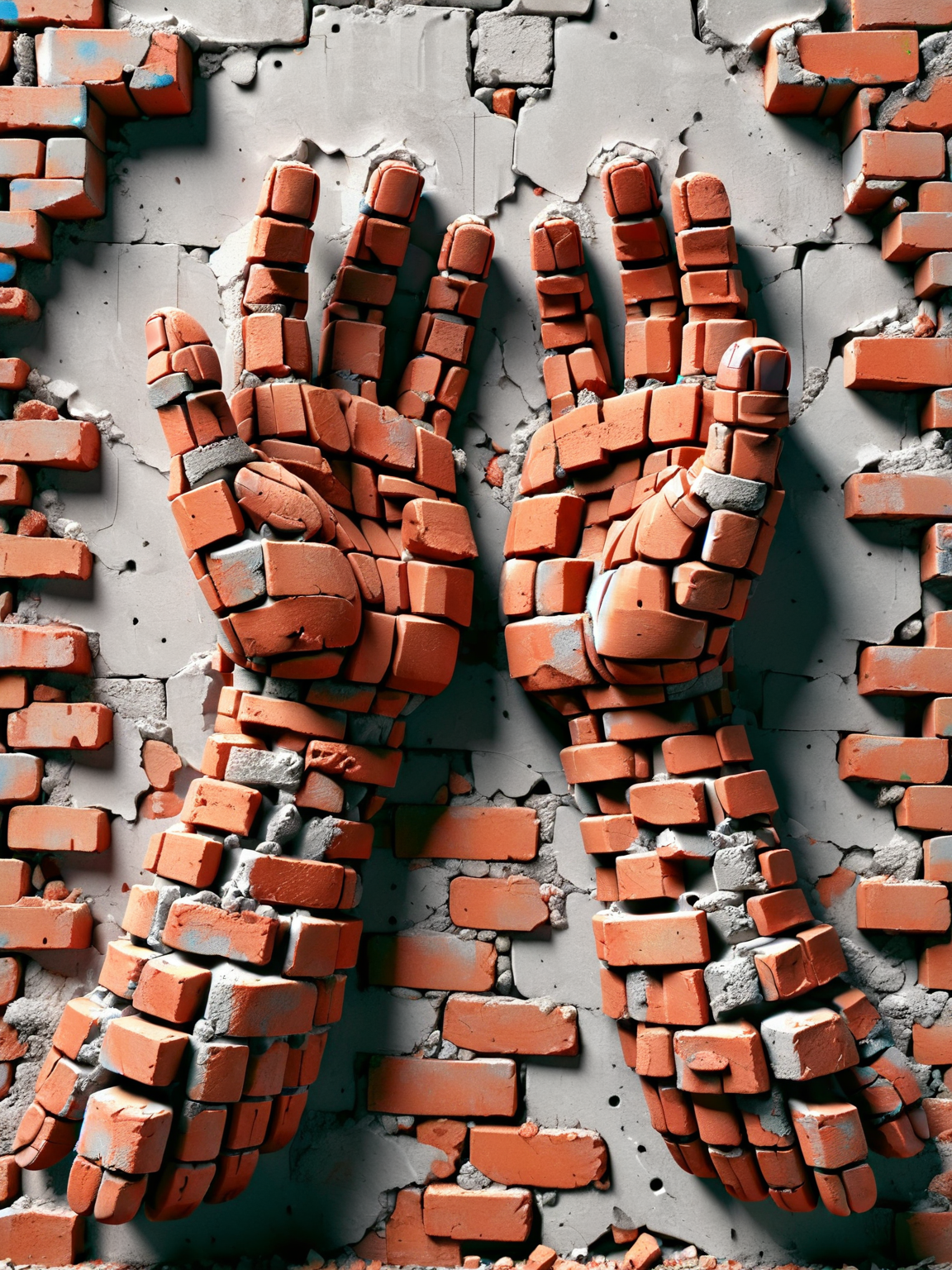 ais-brickz hands reaching out from a crumbling ais-brickz wall <lora:Bricks_Style_SDXL:1>