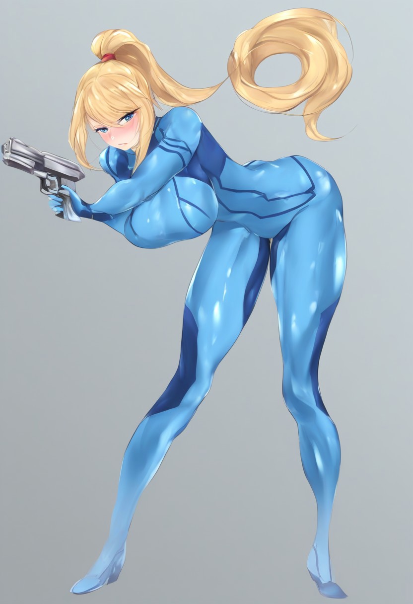 samus aran, metroid, blonde hair, ponytail, bangs to one side, strands of hair on the sides of the face, blue eyes, caucasian, body 106 - 60 - 90, 1girl, blonde hair, zero suit, bodysuit, solo, blue eyes, ponytail, weapon, long hair, breasts, gun, skin tight, bent over, blue bodysuit, large breasts, looking at viewer, bangs, holding weapon, holding, sidelocks, handgun, blush, full body, shiny