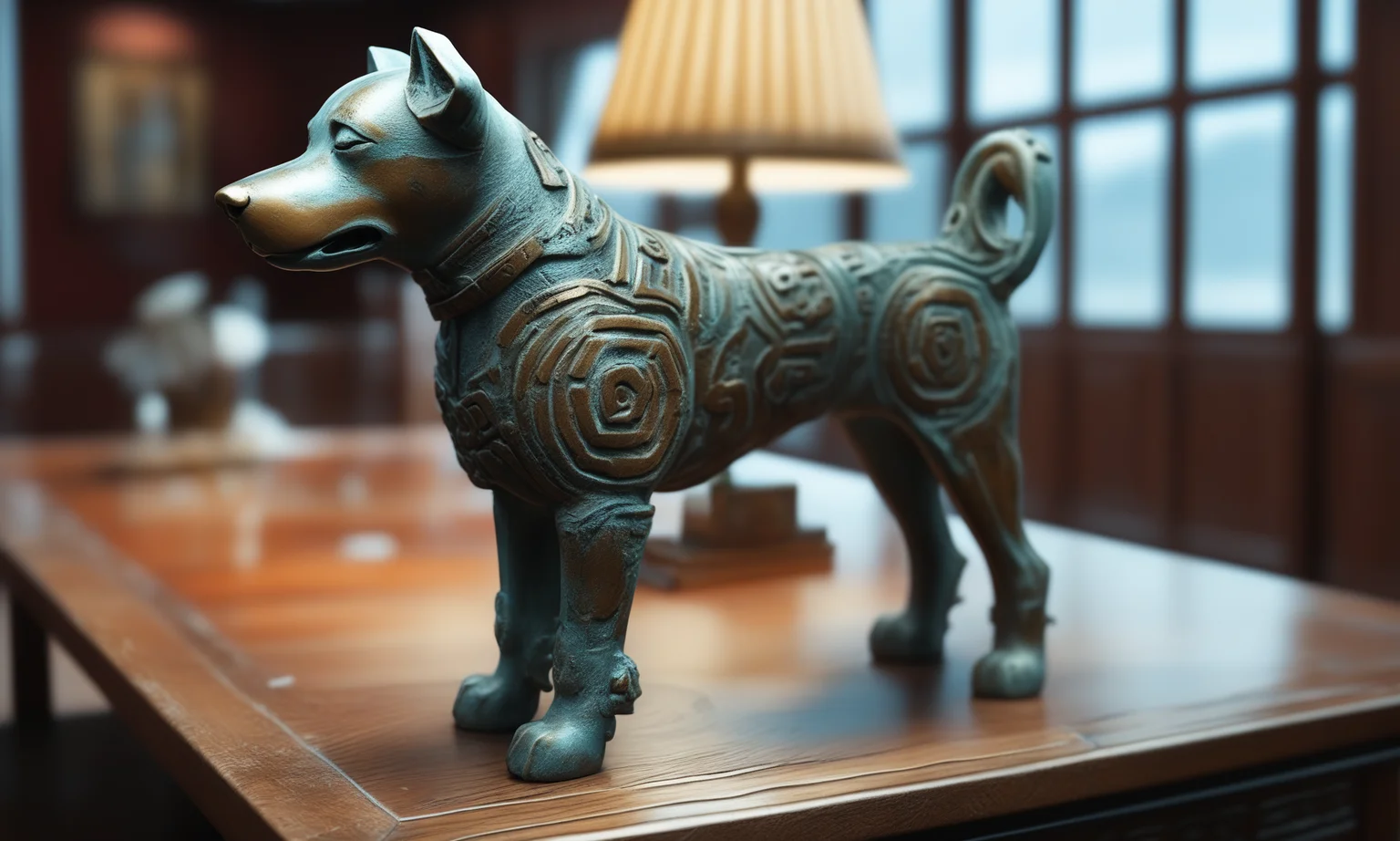 <lora:bronzecd_xl-000006:0.7>,a statue of a dog made of (bronzecd_xl,bron,cyan:0.1) in office scene,full body,miniature,tilt-shift,indoors,chinese zodiac,wooden table,cutie,cute,still life,animal statue,front view,facing viewer,looking at viewer,(Unbelievable Digital Artwork:1.3),CGSociety,ArtStation,master works, 8K, HDR, UHD, masterpiece, best quality, highly detailed, high resolution, finely detail, extremely detailed, ultra detailed, wallpaper