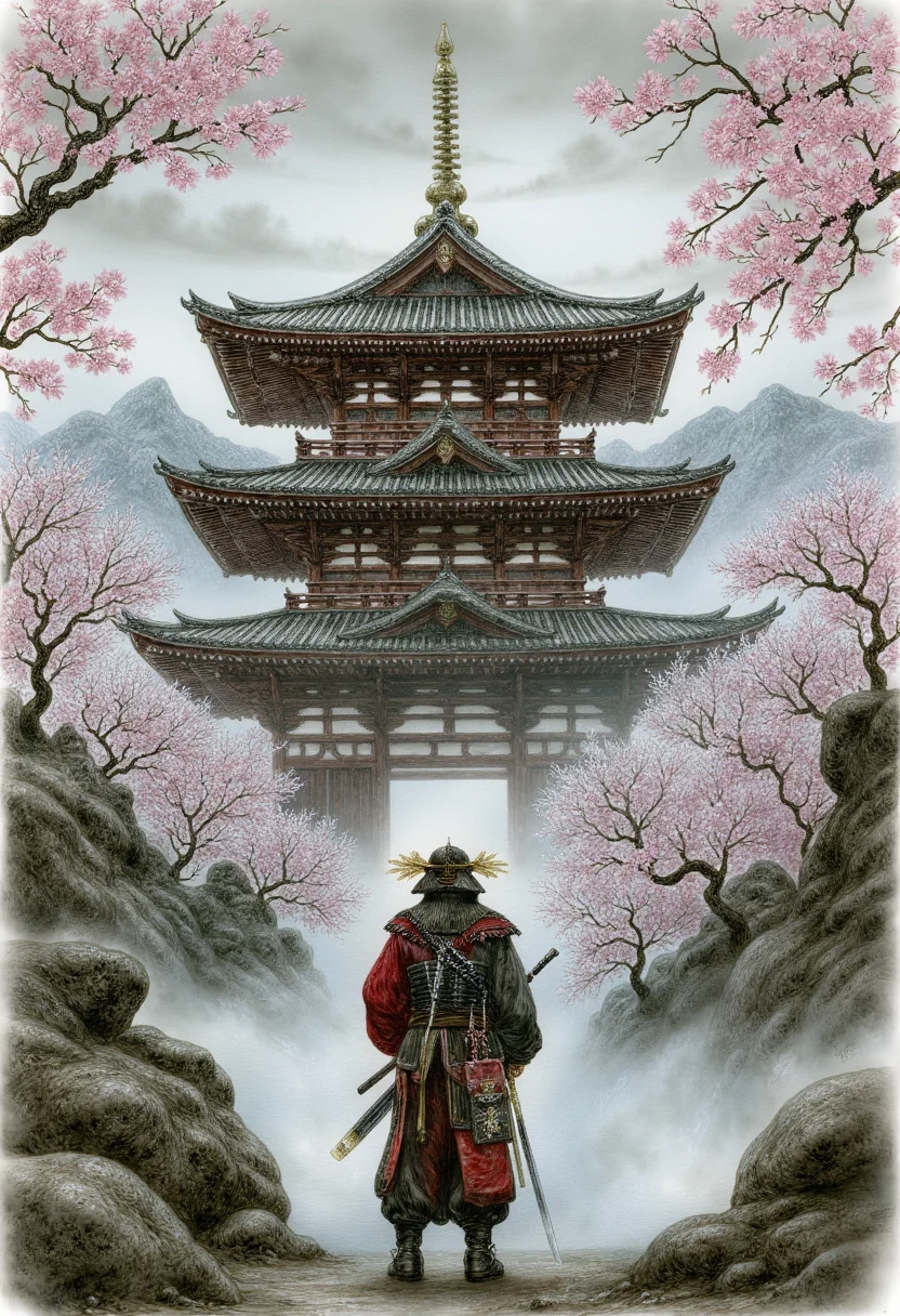 A samurai standing with his back towards an impressive, traditional Japanese temple structure. The setting appears to be in a mountainous area during what could be springtime due to blossoming trees around. The atmosphere is serene and somewhat solemn, suggesting a moment of contemplation or preparation for action by the samurai.