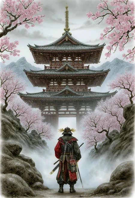 A samurai standing with his back towards an impressive, traditional Japanese temple structure. The setting appears to be in a mountainous area during what could be springtime due to blossoming trees around. The atmosphere is serene and somewhat solemn, suggesting a moment of contemplation or preparation for action by the samurai.