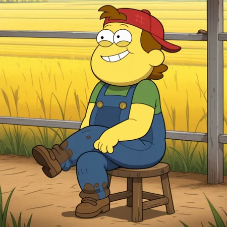 masterpiece, best quality, amazing quality, billgr33n, male, solo, human, young, yellow skin, brown hair, short hair, black eyes, round ears, buck teeth, chubby, short, red cap, backwards cap, green shirt, blue overalls, buttons, brown shoes, sitting on stool, leg crossed, smile, outdoors, farm, field