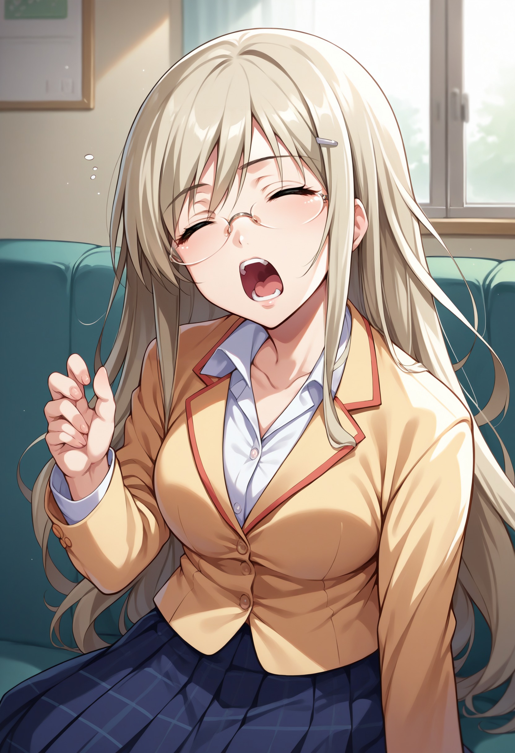 score_9, score_8_up, source_anime, 1girl, solo, KusunokiYua, long hair, glasses, hairclip, school uniform, blazer, plaid skirt, indoors, on couch, yawning, partially unbuttoned, collarbone, <lora:ChamYuaKusunokiPonyXL:1>