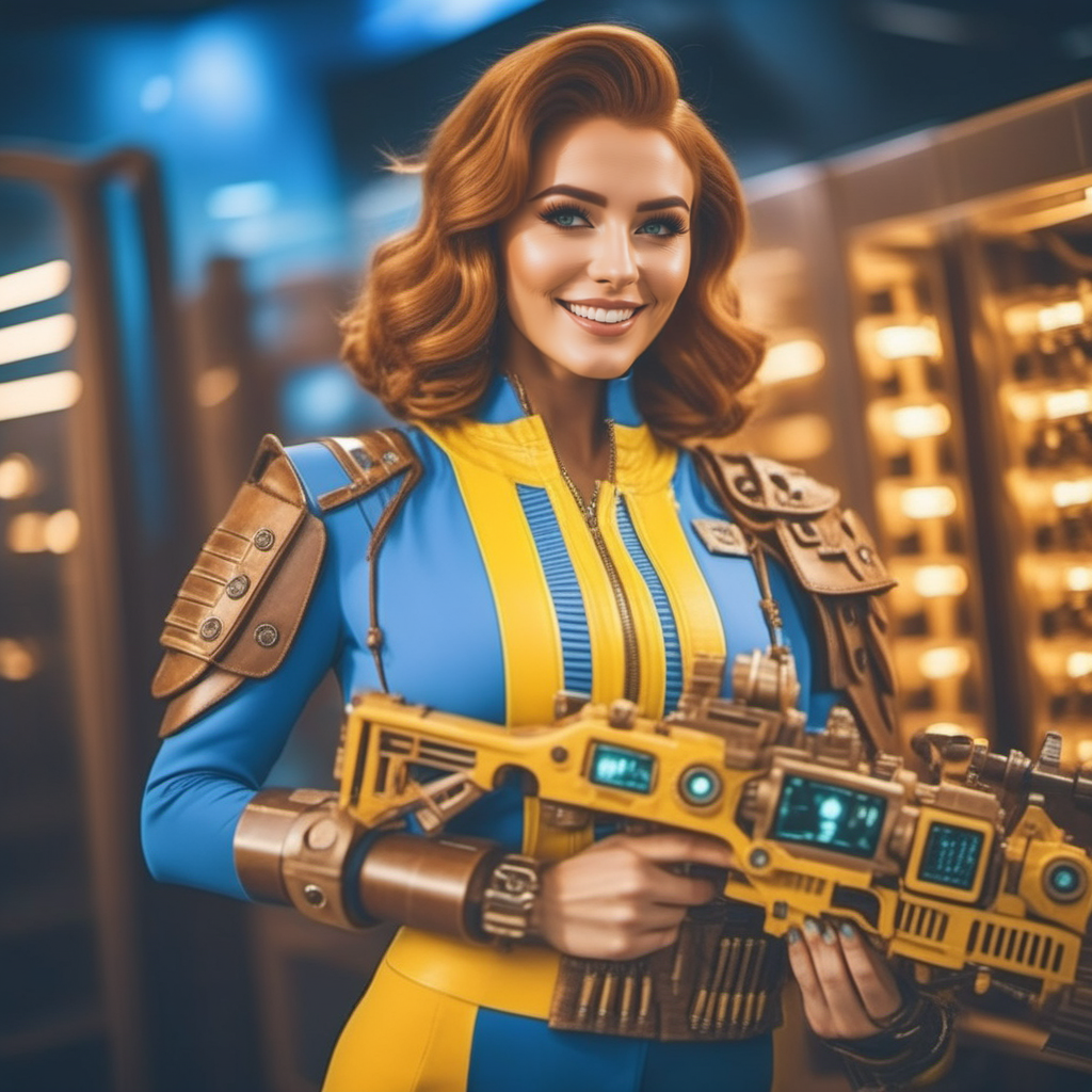 cinematic photo a woman wears a blue and yellow outfit, (big bracelet with square screen),   smiles and holds a machinegun, retrofuturism <lora:FalloutVault1024:0.8> . 35mm photograph, film, bokeh, professional, 4k, highly detailed