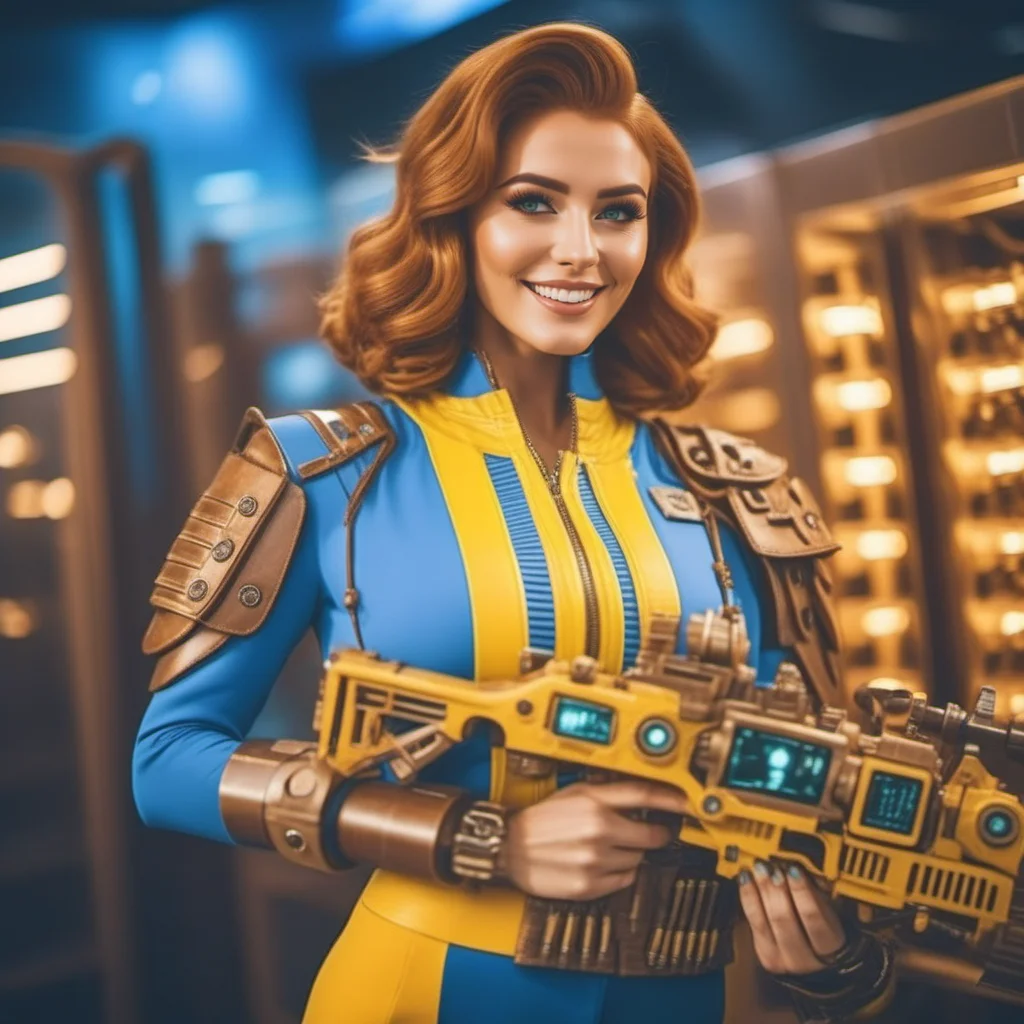 cinematic photo a woman wears a blue and yellow outfit, (big bracelet with square screen),   smiles and holds a machinegun, retrofuturism <lora:FalloutVault1024:0.8> . 35mm photograph, film, bokeh, professional, 4k, highly detailed