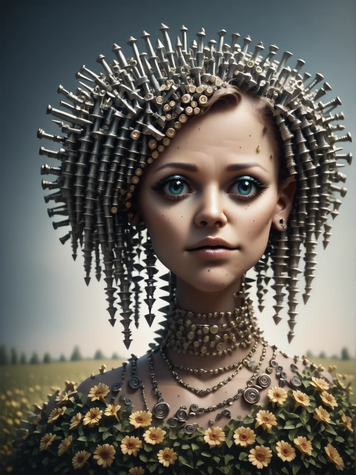 score_9, score_8_up, score_7_up, score_6_up,1woman, long wild curly hair, boho gothic style clothing, abundance of gaudy jewelry made of crystals and gold chains, Sitting on a step of a vardo in a meadow of wild flowers, whimsical, sky, fastenerswm, <lora:FastenersWMv0.4:1.2>