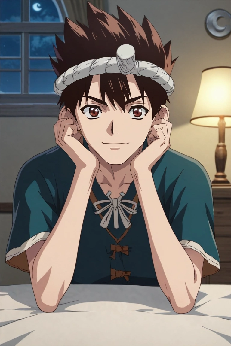 score_9, score_8_up, score_7_up, source_anime, rating_safe, , (3d:0.4), , , 1boy, solo, male focus, <lora:chrome_dr_stone_pony:1>, chrome_dr_stone, brown hair, brown eyes, short hair, spiked hair, hachimaki, symmetry, dining room, night, crescent moon, breast rest, happy, butler costume, <lora:sdxl_lightning_8step_lora:1>