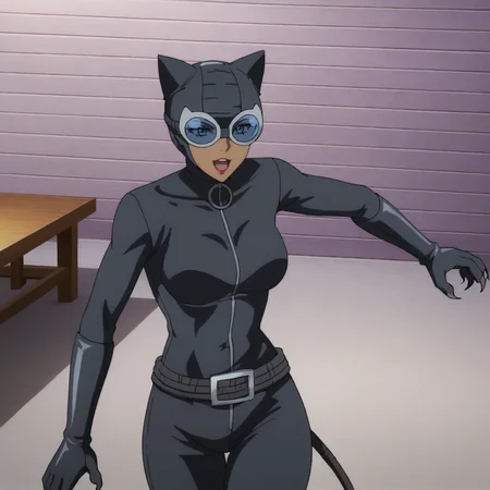 <lora:catwomanhunted_pony_v1:.8>  catwomanHunted, 1girl, animal ears, belt, black bodysuit, cat tail, dark-skinned female, claws, breasts, dark skin, gloves