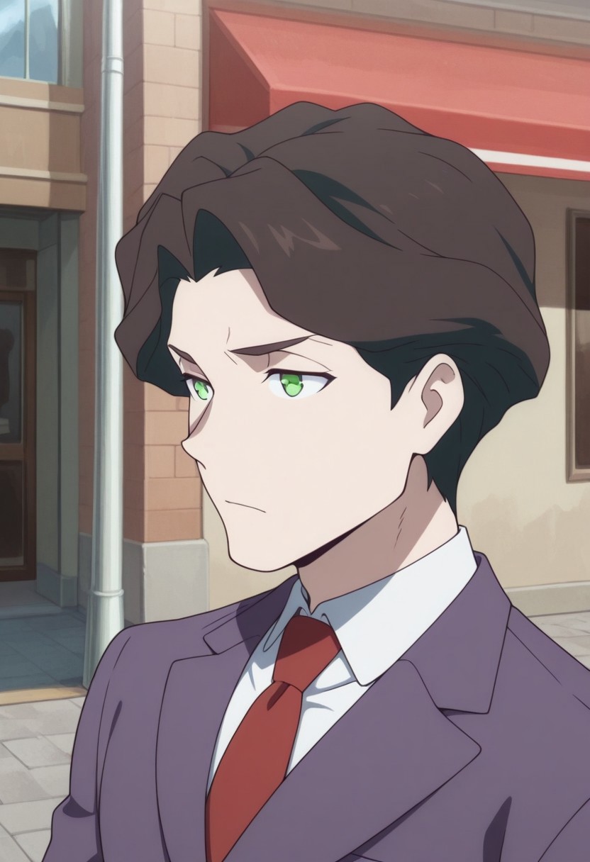 masterpiece,best quality,amazing quality, source_anime, 
AndrewHanbridge, 1boy, male focus, solo, green eyes, brown hair, shirt, white shirt, collared shirt, necktie, red necktie, jacket, purple jacket,
outdoor,
