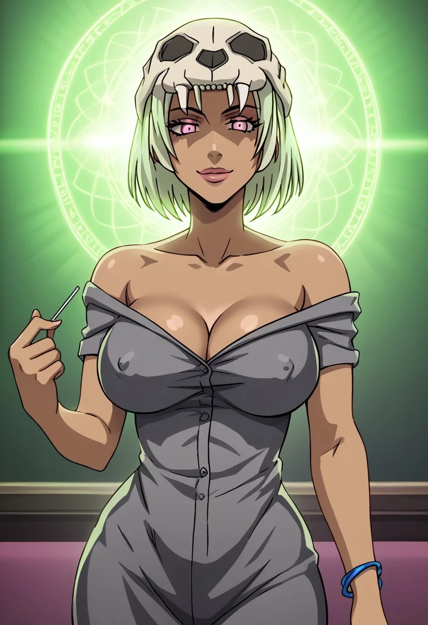 CastraDP, 1girl, solo, dark skinned female, mint green hair, light green hair, bob cut, pink eyes, pink irises the shape of an X, lips, animal skull on her head, large grey dress shirt, large breast, blue bracelets, pink shoes, jewelry, bare shoulders, lollipop, cleavage, wide hips, tattoo on collarbone,
seductive pose, sexy pose, tease, in the spotlight,,
smile, jojo reference, indoors,
score_9, score_8_up, score_7_up, beautiful aesthetic, very intricate, high quality details,vibrant, highly detailed, award-winning, professional,anime artwork, anime style, studio anime, athletic, curvy body, athletic girl, perky tits,large breast,perfect tits, round breasts, nipple outline,looking at viewer, pinup pose,teasing, dynamic lighting, cinematic, smug, better than you, aura of temptation, highly detailed, high resolution, masterpiece, detailed clothes, detailed background, highly detailed, ((sound effects)) comic layout,