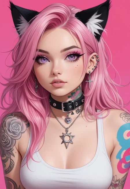 score_9, score_8_up, score_7_up, score_6_up pink hair, cat ears, pink collar, piercings, white crop top tattoos, sexy punk, long hair, colourful background
imbasketchstyle, sketch, paint , masterpiece, hyperrealistic, ultra detailed,
cute style,