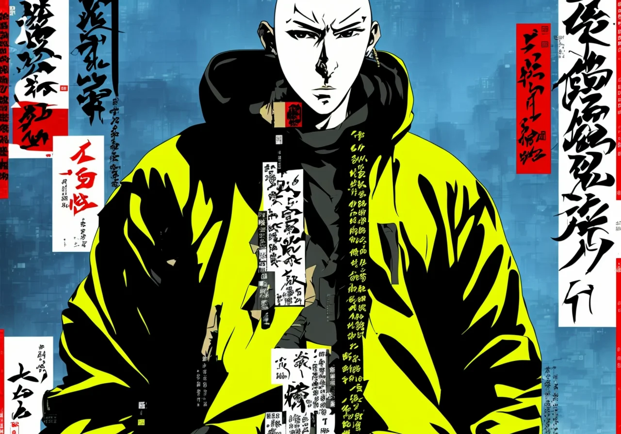 KAN, Kanji, saitama, psychic energy blast, rendition of intimidating cYBERPUNK HACKER, detailed cYBERPUNK Trenchcoat, detailed cYBERPUNK architecture