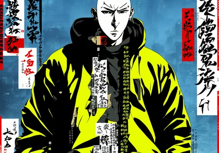KAN, Kanji, saitama, psychic energy blast, rendition of intimidating cYBERPUNK HACKER, detailed cYBERPUNK Trenchcoat, detailed cYBERPUNK architecture