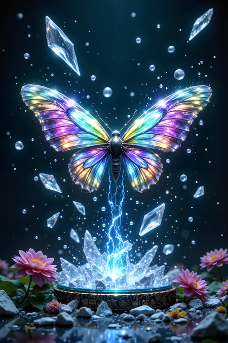 A crystalline butterfly emerges from its metallic chrysalis atop a floating glass platform. Its wings unfold for the first time, made of transparent crystal that refracts rainbow light in all directions. Drops of liquid light fall from its wings as they spread, each drop turning into a small floating crystal as it falls. The broken chrysalis glows with blue energy, while floating shards of mirror reflect the scene from multiple angles. Small mechanical flowers around the platform open their petals in response. Fantastic lighting. Detailed shadows.intricate details, vivid colors, hyper-detailed, ultra-sharp<lora:FluxMythR3alisticF><lora:PCB_Image_Enhancer_for_FLUX:0.35>