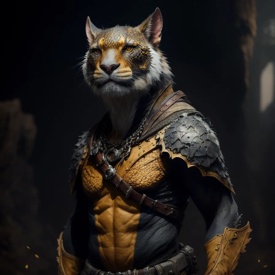 a fantz creature|(tiger:0.4) portrait with a scfi costume, dynamic composition, cinematic lighting, warm and vibrant colors, art by Sam Weber and Michael C Hayes, 8k, trending on artstation, hyper detailed, cinematic, <lora:Creature_Design2_V1:1>