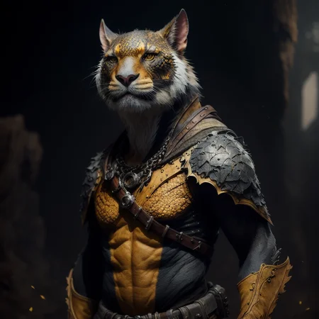 a fantz creature|(tiger:0.4) portrait with a scfi costume, dynamic composition, cinematic lighting, warm and vibrant colors, art by Sam Weber and Michael C Hayes, 8k, trending on artstation, hyper detailed, cinematic, <lora:Creature_Design2_V1:1>