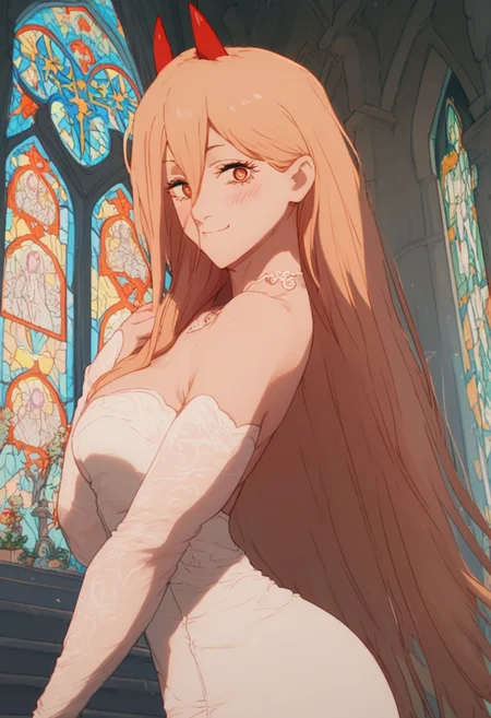 score_9, score_8_up, score_7_up, solo, female, extremely detailed, 1girl, p0w3r0x1, long hair, blonde hair, red horns,demon pupils, white dress, wedding dress, church, cowboy shot, looking at viewer, cute smile, blush